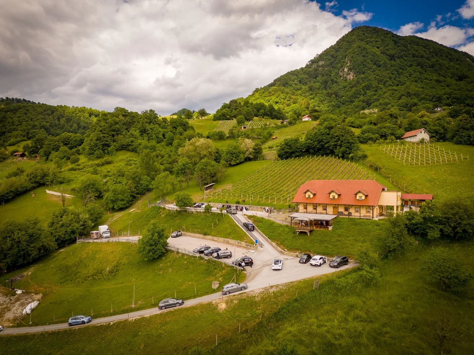 Gostišče Pod Goro — zunanjost med vinogradi Štajerske in Donačko goro v ozadju